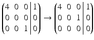 $$\displaystyle\left(\begin{array}[]{@{}rrr|r@{}}4&0&0&1\\ 0&0&0&0\\ 0&0&1&0\end{array}\right)\rightarrow\left(\begin{array}[]{@{}rrr|r@{}}4&0&0&1\\ 0&0&1&0\\ 0&0&0&0\end{array}\right)$$