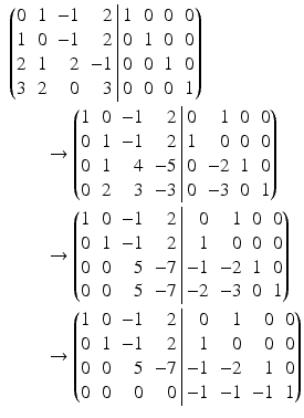 $$\begin{aligned}\displaystyle&\displaystyle\left(\begin{array}[]{@{}rrrr|rrrr@{}}0&1&-1&2&1&0&0&0\\ 1&0&-1&2&0&1&0&0\\ 2&1&2&-1&0&0&1&0\\ 3&2&0&3&0&0&0&1\end{array}\right)\\ \displaystyle&\displaystyle\qquad\rightarrow\left(\begin{array}[]{@{}rrrr|rrrr@{}}1&0&-1&2&0&1&0&0\\ 0&1&-1&2&1&0&0&0\\ 0&1&4&-5&0&-2&1&0\\ 0&2&3&-3&0&-3&0&1\end{array}\right)\\ \displaystyle&\displaystyle\qquad\rightarrow\left(\begin{array}[]{@{}rrrr|rrrr@{}}1&0&-1&2&0&1&0&0\\ 0&1&-1&2&1&0&0&0\\ 0&0&5&-7&-1&-2&1&0\\ 0&0&5&-7&-2&-3&0&1\end{array}\right)\\ \displaystyle&\displaystyle\qquad\rightarrow\left(\begin{array}[]{@{}rrrr|rrrr@{}}1&0&-1&2&0&1&0&0\\ 0&1&-1&2&1&0&0&0\\ 0&0&5&-7&-1&-2&1&0\\ 0&0&0&0&-1&-1&-1&1\end{array}\right)\end{aligned}$$