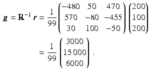 $$\begin{aligned}\displaystyle\boldsymbol{g}=\mathbf{R}^{-1}\,\boldsymbol{r}&\displaystyle=\frac{1}{99}\begin{pmatrix}-480&50&470\\ 570&-80&-455\\ 30&100&-50\end{pmatrix}\,\begin{pmatrix}200\\ 100\\ 200\end{pmatrix}\\ \displaystyle&\displaystyle=\frac{1}{99}\,\begin{pmatrix}3000\\ 15\,000\\ 6000\end{pmatrix}\,.\end{aligned}$$