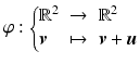 $$\displaystyle\varphi:\left\{\begin{array}[]{@{}lll@{}}\mathbb{R}^{2}&\to&\mathbb{R}^{2}\\ \boldsymbol{v}&\mapsto&\boldsymbol{v}+\boldsymbol{u}\end{array}\right.$$