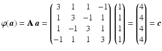 $$\displaystyle\varphi(\boldsymbol{a})=\mathbf{A}\,\boldsymbol{a}=\begin{pmatrix}3&1&1&-1\\ 1&3&-1&1\\ 1&-1&3&1\\ -1&1&1&3\\ \end{pmatrix}\,\begin{pmatrix}1\\ 1\\ 1\\ 1\end{pmatrix}=\begin{pmatrix}4\\ 4\\ 4\\ 4\end{pmatrix}=\boldsymbol{c}$$