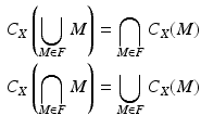 $$\begin{aligned}\displaystyle C_{X}\left(\bigcup_{M\in F}M\right)&\displaystyle=\bigcap_{M\in F}C_{X}(M)\\ \displaystyle C_{X}\left(\bigcap_{M\in F}M\right)&\displaystyle=\bigcup_{M\in F}C_{X}(M)\end{aligned}$$