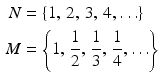 $$\begin{aligned}\displaystyle N&\displaystyle=\{1,\,2,\,3,\,4,\ldots\}\\ \displaystyle M&\displaystyle=\left\{1,\,\frac{1}{2},\,\frac{1}{3},\,\frac{1}{4},\ldots\right\}\end{aligned}$$