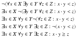 $$\begin{aligned}\displaystyle&\displaystyle\neg(\forall x\in X\;\exists y\in Y\;\forall z\in Z:x\cdot y<z)\\ \displaystyle&\displaystyle\exists x\in X\;\neg(\exists y\in Y\;\forall z\in Z:x\cdot y<z)\\ \displaystyle&\displaystyle\exists x\in X\;\forall y\in Y\neg(\forall z\in Z:x\cdot y<z)\\ \displaystyle&\displaystyle\exists x\in X\;\forall y\in Y\;\exists z\in Z:\neg(x\cdot y<z)\\ \displaystyle&\displaystyle\exists x\in X\;\forall y\in Y\;\exists z\in Z:x\cdot y\geq z\end{aligned}$$