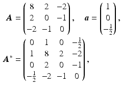 $$\begin{aligned}\displaystyle\boldsymbol{A}&\displaystyle=\begin{pmatrix}8&2&-2\\ 2&0&-1\\ -2&-1&0\end{pmatrix},\quad\boldsymbol{a}=\begin{pmatrix}1\\ 0\\ -\frac{1}{2}\end{pmatrix},\\ \displaystyle\boldsymbol{A}^{\ast}&\displaystyle=\begin{pmatrix}0&1&0&-\frac{1}{2}\\ 1&8&2&-2\\ 0&2&0&-1\\ -\frac{1}{2}&-2&-1&0\end{pmatrix},\end{aligned}$$