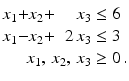 $$\displaystyle\begin{array}[]{@{}r@{}c@{}r@{}c@{}r@{}l@{}}x_{1}&{}+&x_{2}&{}+&x_{3}&{}\leq 6\\ x_{1}&{}-&x_{2}&{}+&2\,x_{3}&{}\leq 3\\ &&&&\hskip-28.452756ptx_{1},\,x_{2},\,x_{3}&{}\geq 0\,.\end{array}$$