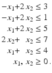 $$\displaystyle\begin{array}[]{@{}r@{}c@{}r@{}l@{}}-x_{1}&{}+&2\,x_{2}&{}\leq 3\\ -x_{1}&{}+&2\,x_{2}&{}\leq 1\\ x_{1}&{}+&2\,x_{2}&{}\leq 5\\ 2\,x_{2}&{}+&x_{2}&{}\leq 7\\ x_{1}&{}+&x_{2}&{}\leq 4\\ &&\hskip-28.452756ptx_{1},\,x_{2}&{}\geq 0\,.\end{array}$$