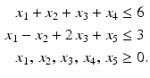 $$\begin{aligned}\displaystyle x_{1}+x_{2}+x_{3}+x_{4}&\displaystyle\leq 6\\ \displaystyle x_{1}-x_{2}+2\,x_{3}+x_{5}&\displaystyle\leq 3\\ \displaystyle x_{1},\,x_{2},\,x_{3},\,x_{4},\,x_{5}&\displaystyle\geq 0.\end{aligned}$$