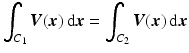 $$\displaystyle\int_{C_{1}}\boldsymbol{V}(\boldsymbol{x})\,\mathrm{d}\boldsymbol{x}=\int_{C_{2}}\boldsymbol{V}(\boldsymbol{x})\,\mathrm{d}\boldsymbol{x}$$