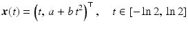 $$\displaystyle\boldsymbol{x}(t)=\left(t,\,a+b\,t^{2}\right)^{\top},\quad t\in[-\ln 2,\,\ln 2]$$