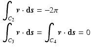 $$\begin{aligned}\displaystyle\int_{C_{2}}\boldsymbol{v}\cdot{\boldsymbol{\mathrm{d}}}\boldsymbol{s}&\displaystyle=-2\pi\\ \displaystyle\int_{C_{3}}\boldsymbol{v}\cdot{\boldsymbol{\mathrm{d}}}\boldsymbol{s}&\displaystyle=\int_{C_{4}}\boldsymbol{v}\cdot{\boldsymbol{\mathrm{d}}}\boldsymbol{s}=0\end{aligned}$$