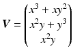 $$\displaystyle\boldsymbol{V}=\begin{pmatrix}x^{3}+xy^{2}\\ x^{2}y+y^{3}\\ x^{2}y\end{pmatrix}$$