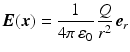 $$\displaystyle\boldsymbol{E}(\boldsymbol{x})=\frac{1}{4\pi\,\varepsilon_{0}}\,\frac{Q}{r^{2}}\,\boldsymbol{e}_{r}$$