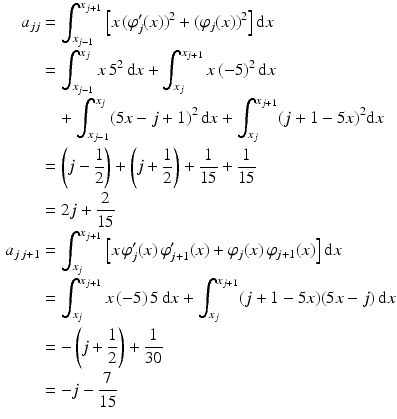 $$\begin{aligned}\displaystyle a_{jj}&\displaystyle=\int_{x_{j-1}}^{x_{j+1}}\left[x\,(\varphi_{j}^{\prime}(x))^{2}+(\varphi_{j}(x))^{2}\right]\mathrm{d}x\\ \displaystyle&\displaystyle=\int_{x_{j-1}}^{x_{j}}x\,5^{2}\,\mathrm{d}x+\int_{x_{j}}^{x_{j+1}}x\,(-5)^{2}\,\mathrm{d}x\\ \displaystyle&\displaystyle\quad{}+\int_{x_{j-1}}^{x_{j}}(5x-j+1)^{2}\,\mathrm{d}x+\int_{x_{j}}^{x_{j+1}}(j+1-5x)^{2}\mathrm{d}x\\ \displaystyle&\displaystyle=\left(j-\frac{1}{2}\right)+\left(j+\frac{1}{2}\right)+\frac{1}{15}+\frac{1}{15}\\ \displaystyle&\displaystyle=2j+\frac{2}{15}\\ \displaystyle a_{j\,j+1}&\displaystyle=\int_{x_{j}}^{x_{j+1}}\left[x\,\varphi_{j}^{\prime}(x)\,\varphi_{j+1}^{\prime}(x)+\varphi_{j}(x)\,\varphi_{j+1}(x)\right]\mathrm{d}x\\ \displaystyle&\displaystyle=\int_{x_{j}}^{x_{j+1}}x\,(-5)\,5\,\mathrm{d}x+\int_{x_{j}}^{x_{j+1}}(j+1-5x)(5x-j)\,\mathrm{d}x\\ \displaystyle&\displaystyle=-\left(j+\frac{1}{2}\right)+\frac{1}{30}\\ \displaystyle&\displaystyle=-j-\frac{7}{15}\end{aligned}$$