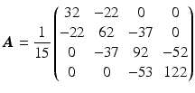 $$\displaystyle\boldsymbol{A}=\frac{1}{15}\begin{pmatrix}32&-22&0&0\\ -22&62&-37&0\\ 0&-37&92&-52\\ 0&0&-53&122\end{pmatrix}$$