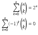 $$\begin{aligned}\displaystyle\sum_{k=0}^{n}\binom{n}{k}&\displaystyle=2^{n}\\ \displaystyle\sum_{k=0}^{n}(-1)^{k}\,\binom{n}{k}&\displaystyle=0\end{aligned}$$