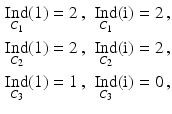 $$\displaystyle\begin{aligned}\displaystyle\mathop{\mathrm{Ind}}_{C_{1}}(1)&\displaystyle=2\,,&\displaystyle\mathop{\mathrm{Ind}}_{C_{1}}(\mathrm{i})&\displaystyle=2\,,\\ \displaystyle\mathop{\mathrm{Ind}}_{C_{2}}(1)&\displaystyle=2\,,&\displaystyle\mathop{\mathrm{Ind}}_{C_{2}}(\mathrm{i})&\displaystyle=2\,,\\ \displaystyle\mathop{\mathrm{Ind}}_{C_{3}}(1)&\displaystyle=1\,,&\displaystyle\mathop{\mathrm{Ind}}_{C_{3}}(\mathrm{i})&\displaystyle=0\,,\end{aligned}$$