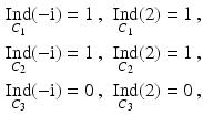 $$\displaystyle\begin{aligned}\displaystyle\mathop{\mathrm{Ind}}_{C_{1}}(-\mathrm{i})&\displaystyle=1\,,&\displaystyle\mathop{\mathrm{Ind}}_{C_{1}}(2)&\displaystyle=1\,,\\ \displaystyle\mathop{\mathrm{Ind}}_{C_{2}}(-\mathrm{i})&\displaystyle=1\,,&\displaystyle\mathop{\mathrm{Ind}}_{C_{2}}(2)&\displaystyle=1\,,\\ \displaystyle\mathop{\mathrm{Ind}}_{C_{3}}(-\mathrm{i})&\displaystyle=0\,,&\displaystyle\mathop{\mathrm{Ind}}_{C_{3}}(2)&\displaystyle=0\,,\end{aligned}$$