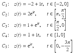 $$\displaystyle\begin{aligned}\displaystyle&\displaystyle C_{1}\colon&\displaystyle z(t)&\displaystyle=-2+\mathrm{i}t,&\displaystyle t&\displaystyle\in[-2,0]\\ \displaystyle&\displaystyle C_{2}\colon&\displaystyle z(t)&\displaystyle=2\mathrm{e}^{\mathrm{i}t},&\displaystyle t&\displaystyle\in\left[\pi,\frac{\pi}{2}\right]\\ \displaystyle&\displaystyle C_{3}\colon&\displaystyle z(t)&\displaystyle=\mathrm{i}+\mathrm{e}^{\mathrm{i}t},&\displaystyle t&\displaystyle\in\left[\frac{\pi}{2},0\right]\\ \displaystyle&\displaystyle C_{4}\colon&\displaystyle z(t)&\displaystyle=1+\mathrm{i}t,&\displaystyle t&\displaystyle\in[1,0]\\ \displaystyle&\displaystyle C_{5}\colon&\displaystyle z(t)&\displaystyle=\mathrm{e}^{\mathrm{i}t},&\displaystyle t&\displaystyle\in\left[0,-\frac{3\pi}{2}\right]\end{aligned}$$