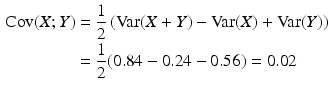 $$\begin{aligned}\displaystyle\mathop{\mathrm{Cov}}(X;Y)&\displaystyle=\frac{1}{2}\left(\mathop{\mathrm{Var}}(X+Y)-\mathop{\mathrm{Var}}(X)+\mathop{\mathrm{Var}}(Y)\right)\\ \displaystyle&\displaystyle=\frac{1}{2}(0.84-0.24-0.56)=0.02\end{aligned}$$