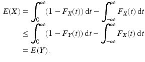 $$\begin{aligned}\displaystyle E(X)&\displaystyle=\int_{0}^{\infty}(1-F_{X}(t))\,\mathrm{d}t-\int_{-\infty}^{\infty}F_{X}(t)\,\mathrm{d}t\\ \displaystyle&\displaystyle\leq\int_{0}^{\infty}(1-F_{Y}(t))\,\mathrm{d}t-\int_{-\infty}^{\infty}F_{X}(t)\,\mathrm{d}t\\ \displaystyle&\displaystyle=E(Y).\end{aligned}$$