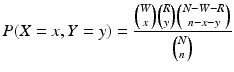 $$\displaystyle P(X=x,Y=y)=\frac{\binom{W}{x}\binom{R}{y}\binom{N-W-R}{n-x-y}}{\binom{N}{n}}$$