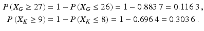 $$\begin{aligned}\displaystyle P\left(X_{G}\geq 27\right)&\displaystyle=1-P\left(X_{G}\leq 26\right)=1-0.883\,7=0.116\,3\,,\\ \displaystyle P\left(X_{K}\geq 9\right)&\displaystyle=1-P\left(X_{K}\leq 8\right)=1-0.696\,4=0.303\,6\,.\end{aligned}$$