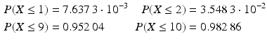 $$\displaystyle\begin{aligned}\displaystyle P(X\leq 1)&\displaystyle=7.637\,3\cdot 10^{-3}&\displaystyle P(X\leq 2)&\displaystyle=3.548\,3\cdot 10^{-2}\\ \displaystyle P(X\leq 9)&\displaystyle=0.952\,04&\displaystyle P(X\leq 10)&\displaystyle=0.982\,86\end{aligned}$$