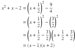 $$\begin{aligned}\displaystyle x^{2}+x-2&\displaystyle=\left(x+\frac{1}{2}\right)^{2}-\frac{9}{4}\\ \displaystyle&\displaystyle=\left(x+\frac{1}{2}\right)^{2}-\left(\frac{3}{2}\right)^{2}\\ \displaystyle&\displaystyle=\left(x+\frac{1}{2}-\frac{3}{2}\right)\left(x+\frac{1}{2}+\frac{3}{2}\right)\\ \displaystyle&\displaystyle=(x-1)(x+2)\end{aligned}$$