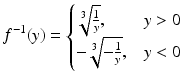 $$\displaystyle f^{-1}(y)=\begin{cases}\sqrt[3]{\frac{1}{y}},&y> 0\\ -\sqrt[3]{-\frac{1}{y}},&y<0\end{cases}$$