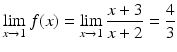 $$\displaystyle\lim\limits_{x\to 1}f(x)=\lim\limits_{x\to 1}\frac{x+3}{x+2}=\frac{4}{3}$$