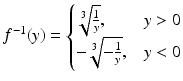 $$f^{-1}(y)=\begin{cases}\sqrt[3]{\frac{1}{y}},&y> 0\\ -\sqrt[3]{-\frac{1}{y}},&y<0\\ \end{cases}$$