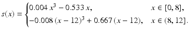 $$\displaystyle s(x)=\begin{cases}0.004\,x^{3}-0.533\,x,&x\in[0,8],\\ -0.008\,(x-12)^{3}+0.667\,(x-12),&x\in(8,12].\end{cases}$$