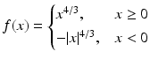 $$\displaystyle f(x)=\begin{cases}x^{4/3},&x\geq 0\\ -|x|^{4/3},&x<0\end{cases}$$