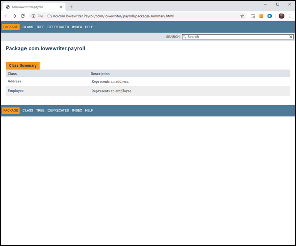 Screenshot of a Javadoc index page that lists two classes- Class Summary and Package.