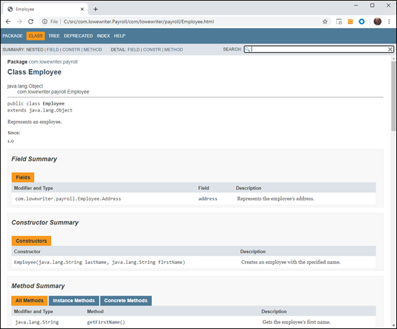 Screenshot of a part of the documentation page for the Employee class generated by Javadoc, displaying the Field Summary, Constructor Summary, and Method Summary sections.