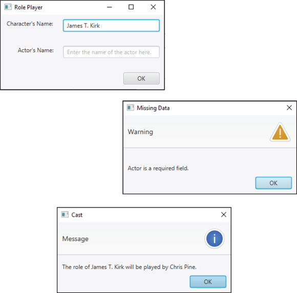 Screenshots displaying the operation of a simple program that uses a text field to allow the user to enter the name of a character in a play and the name of the actor who will play the role.