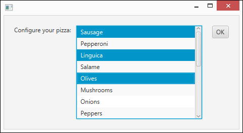 Screenshot of a sample scene with a list view that displays a list of objects within a box. Depending on how the list is configured, the user can select one item in the list or multiple items.