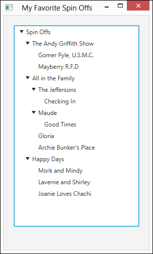 Screenshot of a JavaFX scene that has a tree view control in it. In this example, a tree control is used to represent a few favorite TV series, along with series that were spun off from them.