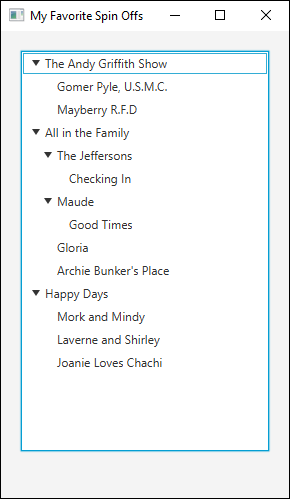 Screenshot of a tree view control with the root node hidden, displaying the names of a few favorite TV series.