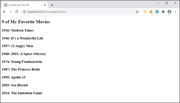 Screenshot displaying the output of the ListMovies JSP in action. This version also adds a count of the movies in the file, as shown in the header “9 of My Favorite Movies.”