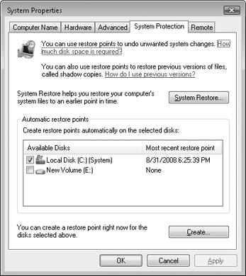 System Restore and Previous Versions configuration