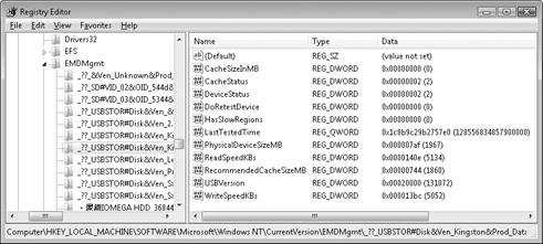 ReadyBoost device test results in the registry