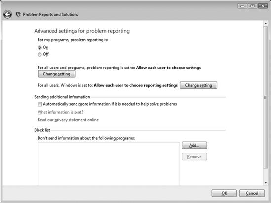 Error reporting configuration dialog box