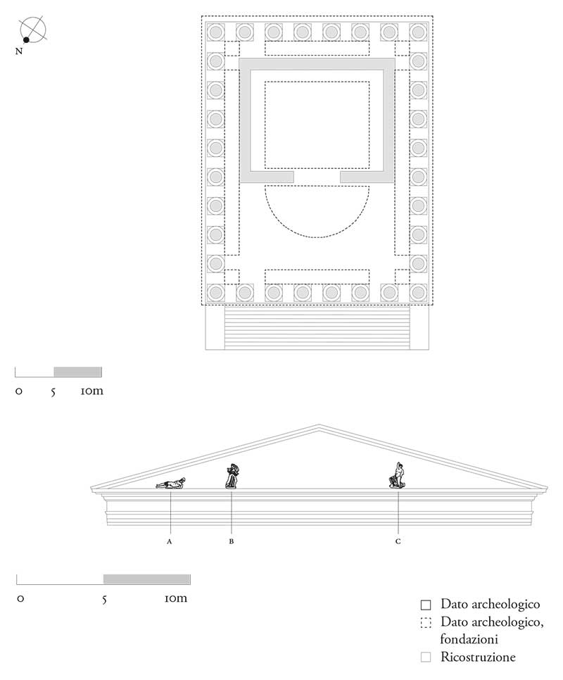 Tempio di Fortuna, pianta e prospetto ricostruttivo del frontone