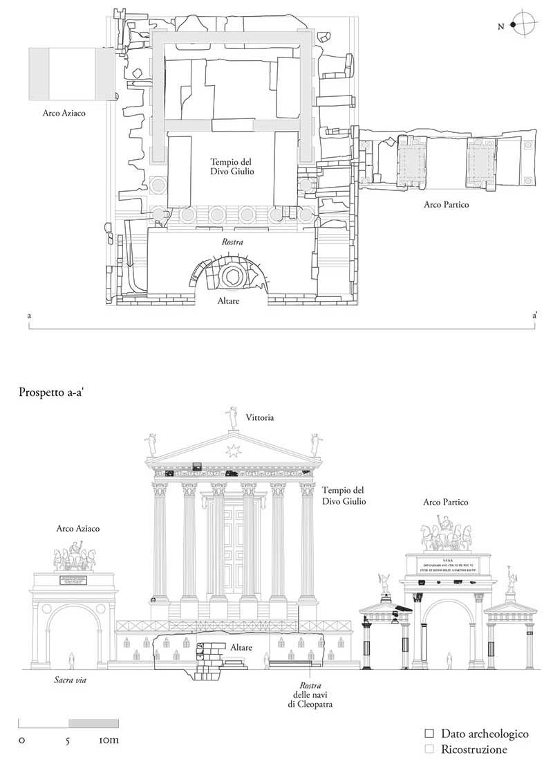 Tempio del Divo Giulio, pianta e prospetto ricostruttivi