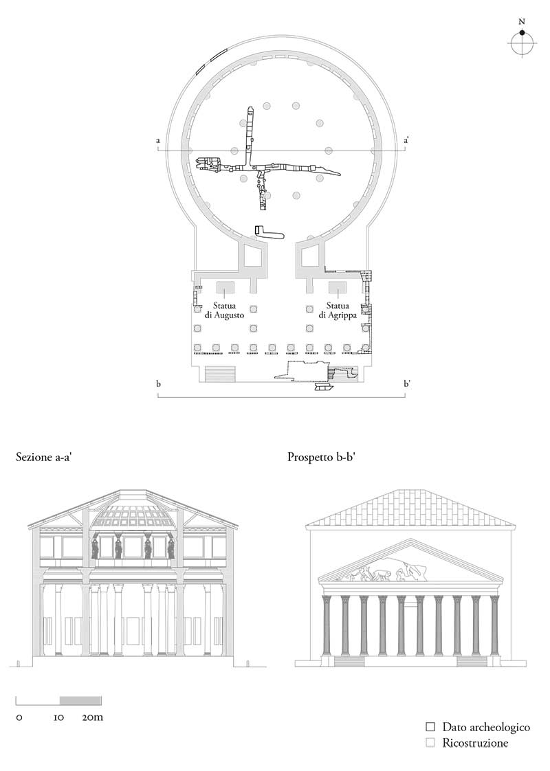 Pantheon di Agrippa, pianta, sezione e prospetto ricostruttivi