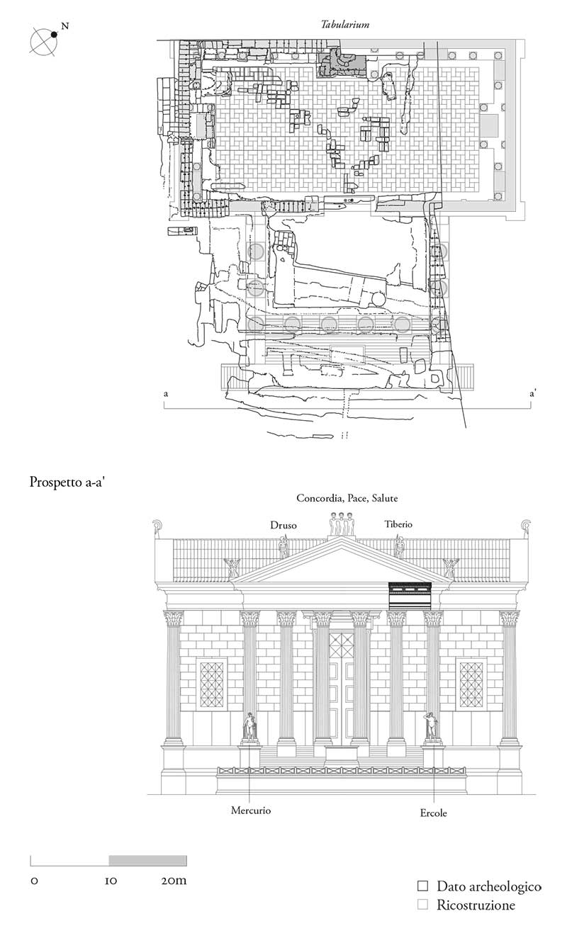 Tempio della Concordia, pianta e prospetto ricostruttivi