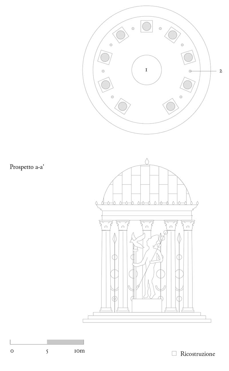 Campidoglio, Tempio di Marte Ultore, pianta e prospetto ricostruttivi