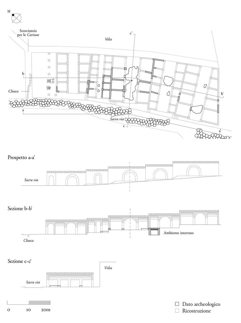 Magazzino (horreum) sulla Sacra via (a settentrione), pianta, prospetto e sezioni ricostruttivi